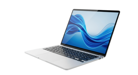 Modern, sleek silver laptop with black keyboard, vibrant blue abstract wave wallpaper, on a reflective white surface, transparent background, minimalist digital technology concept