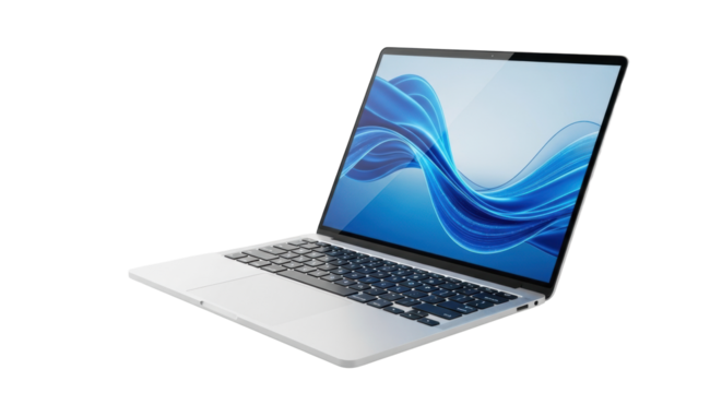 Modern, sleek silver laptop with black keyboard, vibrant blue abstract wave wallpaper, on a reflective white surface, transparent background, minimalist digital technology concept - Powered by Adobe