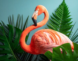 Flamingo surrounded by tropical foliage