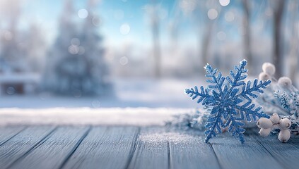 Blue snowflake winter scene on wood