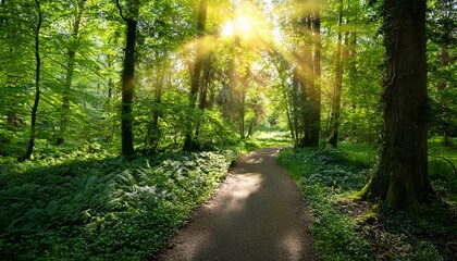 Obraz premium Sun Dappled Path Through Lush Green Forest