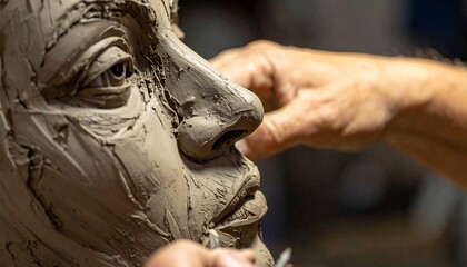 Close-up of a clay sculpture of a human face being crafted by a person's hands with sculpting tools