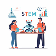 Two students working on a robot project at a table, with STEM acronym and related icons in the background.