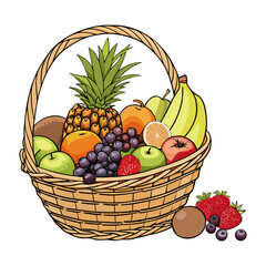Fresh Fruit Basket Illustration with Tropical and Seasonal Fruits