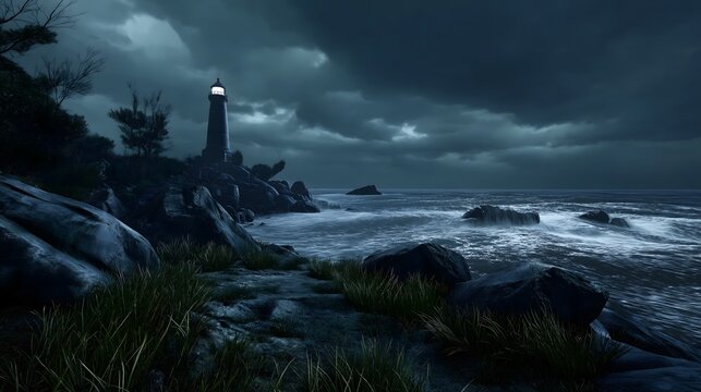 Haunting cliffside lighthouse overlooking stormy sea with jagged rocks and dramatic Halloween sky - Powered by Adobe