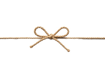 A single natural brown, densely braided jute twine meticulously tied into a perfect symmetrical bow with horizontal ends, on a transparent seamless studio background, clean craftsmanship concept