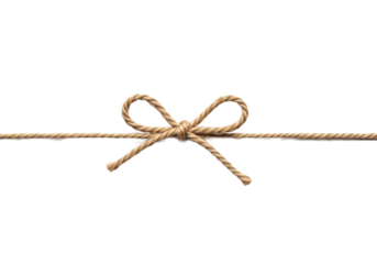 A single natural brown, densely braided jute twine meticulously tied into a perfect symmetrical bow with horizontal ends, on a transparent seamless studio background, clean craftsmanship concept