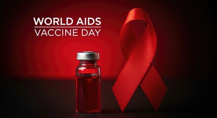 World aids vaccine day red ribbon and vial symbolic image for health awareness isolated on white background