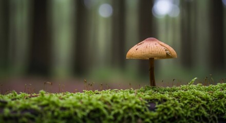 Small mushroom growing on mossy log in a lush green forest.