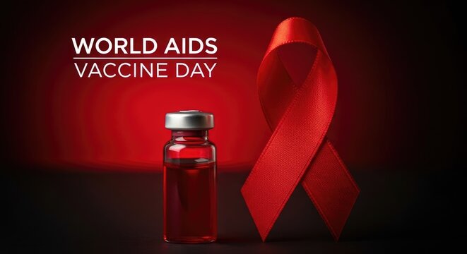 World aids vaccine day red ribbon and vial symbolic image for health awareness isolated on white background