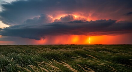 Dramatic sunset over a field with a storm and lightning in the distance.