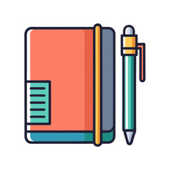 Flat design icon of a coral notebook and teal pen on a white background