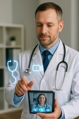Healthcare professional conducting telemedicine consultation modern clinic digital interaction professional environment close-up view virtual health concept