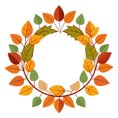Autumn leaf wreath with vibrant fall colors and white background