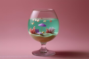 Creative wine glass filled with miniature beach scene featuring umbrellas and palm trees