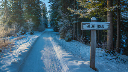 Snow covered forest trail with wooden sign in winter landscape