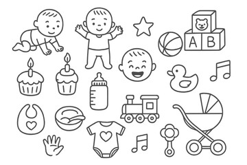 Baby Milestone Icons. First year baby milestones doodle set: hand drawn icons for celebrating early childhood No text, No labels,