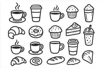 Coffee and Pastries Doodles. Coffee and bakery doodle set: hand drawn icons of cups and pastries, , No text, No labels, isolated