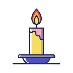 Stylized illustration of a lit yellow candle with dripping pink wax on a blue holder