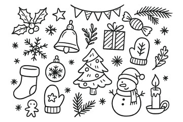 Festive Holiday Decorations. Winter holiday doodle set: hand drawn festive decorations No text, No labels, isolated transparent