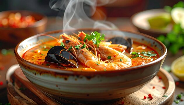 Aromatic seafood soup steaming in a bowl
