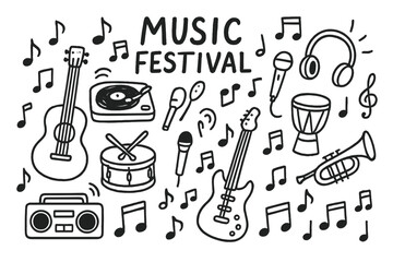 Obraz premium Music Festival Doodle Icons. Music festival doodle set: hand drawn icons of instruments and notes isolated transparent background