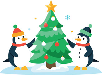 Two cute penguins decorating a christmas tree in the snow