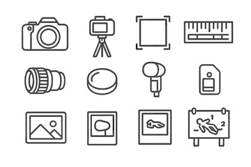 Forensic Photography Icons. Line style icons of forensic photography: DSLR camera icon, tripod setup, close-up shot frame, scale