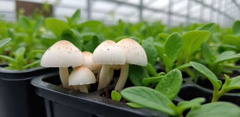 Small white mushrooms growing amongst green seedlings in a greenhouse