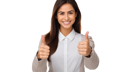Smiling Woman Giving Thumbs Up Expression Isolated on White Background for Positive Emotion and Approval Concept