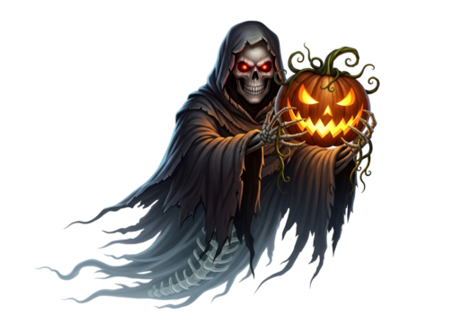 A skeletal figure in a dark cloak holds a glowing jack-o'-lantern against a black background, evoking a spooky Halloween mood with detailed illustration.