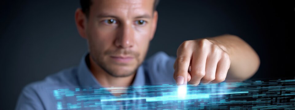 Man Engaging with Futuristic Digital Interface and Data Visualization