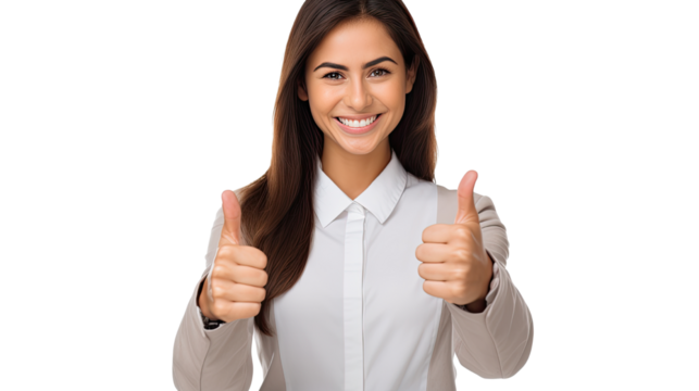 Smiling Woman Giving Thumbs Up Expression Isolated on White Background for Positive Emotion and Approval Concept