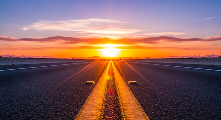 Naklejka premium Empty Road with Yellow Center Lines Leading to Horizon at Sunrise