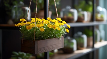 Wooden hanging planter with yellow calendula and rosemary suspended by cotton cords indoors