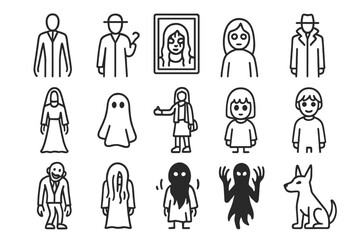Urban Legend Icons. Line style icons of popular urban legend figures: Slender silhouette, hook hand icon, bloody face in mirror,