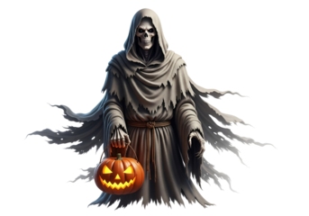 A skeletal figure in a flowing robe holds a jack-o'-lantern against a dark background.  The figure's attire and lighting evoke a ghostly, Halloween atmosphere.