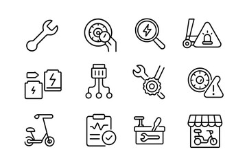 Scooter Maintenance Icons. Line style icons of compact ride maintenance: mini wrench icon, tire pressure check, electric brake
