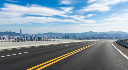 Fototapeta premium Curved Highway Leading to Modern City Skyline with Mountain Backdrop