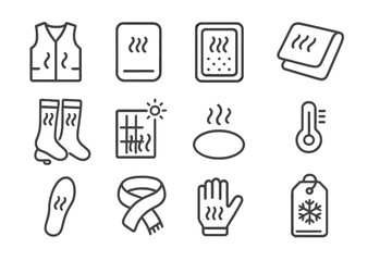 Thermal Regulation Icons. Line style icons of thermal regulation items: heated vest icon, handwarmer pack, chemical heat pack,