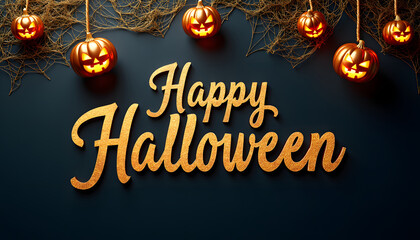 Happy Halloween greeting with glowing pumpkins and spiderwebs