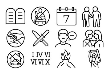 Ten Commandments Icons. Line style icons of Ten Commandments: stone tablets icon, “no idols” symbol, sabbath day calendar,