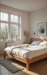 Fototapeta premium Cozy Scandinavian Bedroom with Natural Light and Minimalist Decor
