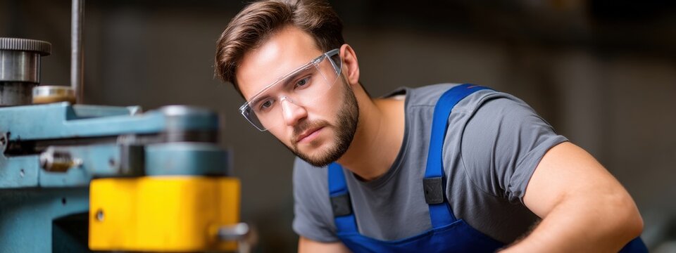 Focused Young Male Worker in Safety Glasses at Workshop Bench