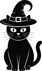 Black cat wearing a witch hat, Halloween spooky illustration, magical pet design, cute black kitty with witch costume.