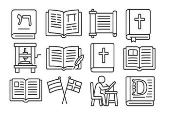 Bible Translation History Icons. Line style icons of Bible translation history: Hebrew script icon, Greek codex, Latin Vulgate