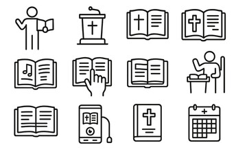 Biblical Worship Icons. Line style icons of Bible in worship: worship leader with Bible, pulpit and scripture, open Bible on altar
