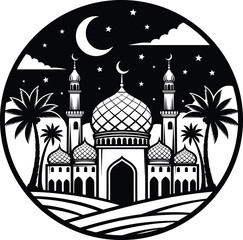 Beautiful Islamic mosque silhouette with crescent moon, stars, palm trees, night sky, traditional architecture, religious building, Ramadan, Eid, spirituality,