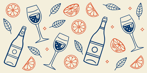 Hand-Drawn Cocktail and Citrus Pattern – Summer Drink Seamless Design, Hand drawn sketch style citrus and wine set Vector elegant doodle line illustration of lemons