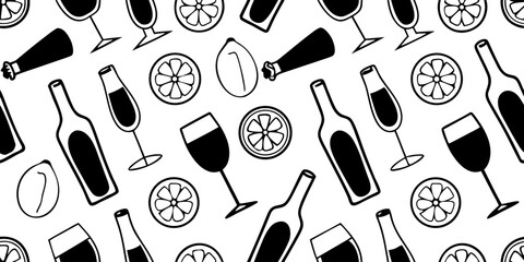 Hand-Drawn Cocktail and Citrus Pattern – Summer Drink Seamless Design, Hand drawn sketch style citrus and wine set Vector elegant doodle line illustration of lemons